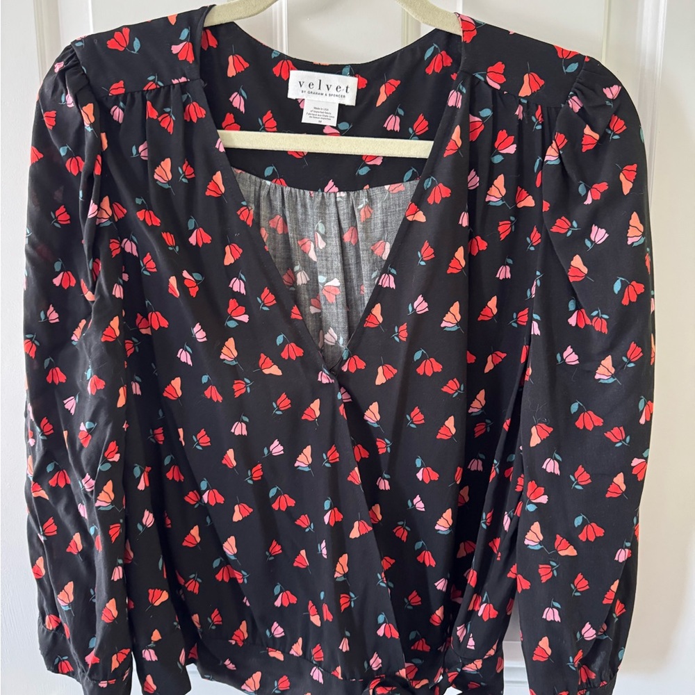 Velvet Women's Black Top with Red and Pink Floral Design